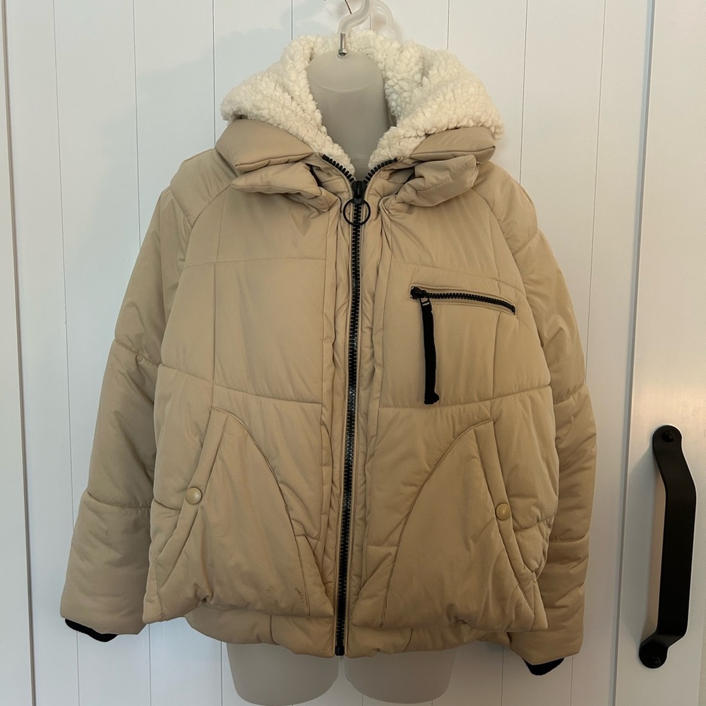 Avec Les Filles Beige Puffer Jacket with Sherpa Hood